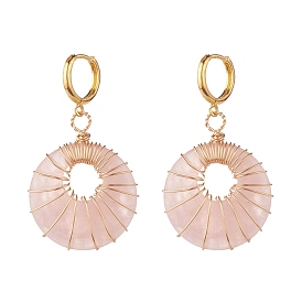 Donut Natural Rose Quartz Dangle Hoop Earrings, Wire Wrap Stone Drop Earrings for Women, Golden