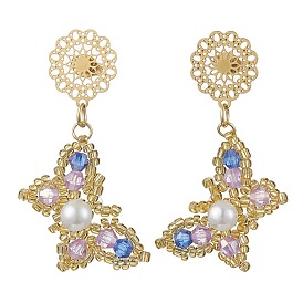 Boucles d'oreilles à tige en forme de papillon avec perles de rocaille en verre, avec 304 résultats de boucles d'oreille en acier inoxydable, or