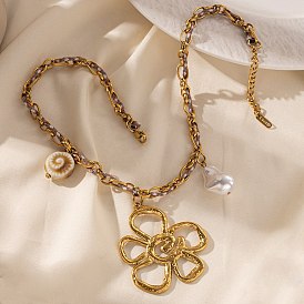 304 из нержавеющей стали кулон ожерелья из цветов, с акриловой жемчужиной и керамической раковиной, ионное покрытие (ip), без кадмия, без никеля и без свинца