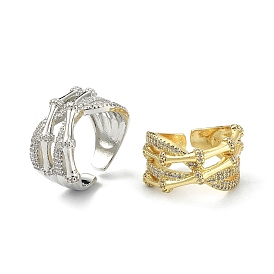 Clear Cubic Zirconia Bamboo Joint Open Cuff Ring, Brass Wide Band Rings for Women