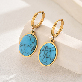 Elegant Vintage Style Stainless Steel & Synthetic Turquoise Oval Hoop Earrings