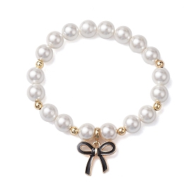 Bowknot/Heart Brass Black Enamel Charm Bracelets, 8mm Round Shell Pearl Beaded Stretch Bracelets for Women