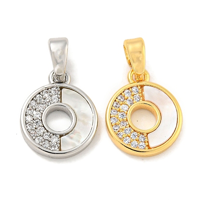 Brass Micro Pave Clear Cubic Zirconia Pendants, Cadmium Free & Nickel Free & Lead Free, with Shell, Flat Round