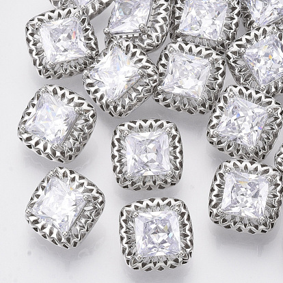 Brass Shank Buttons, with Micro Pave Cubic Zirconia, Square, Clear
