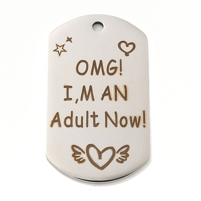 Pendentifs en acier inoxydable, Ovale avec mot omg, je suis un adulte maintenant