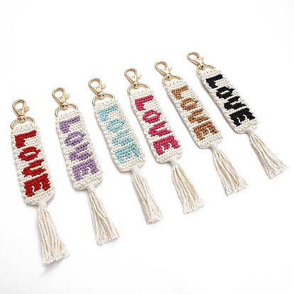 Valentine's Day Word Love Hand-woven Cotton Pendant Decorations, Bohemian Style Letter Tassel Ornaments, with Alloy Lobster Clasp Charm
