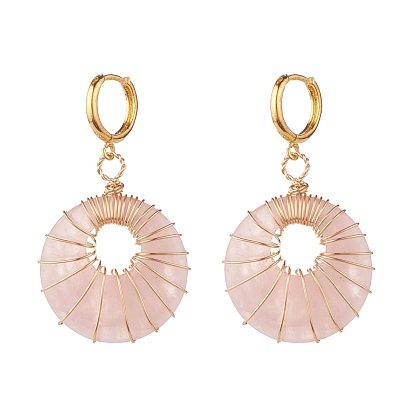 Donut Natural Rose Quartz Dangle Hoop Earrings, Wire Wrap Stone Drop Earrings for Women, Golden
