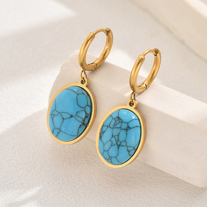 Элегантные серьги-кольца овальной формы из нержавеющей стали и синтетической бирюзы в винтажном стиле