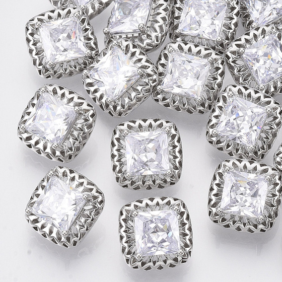 Brass Shank Buttons, with Micro Pave Cubic Zirconia, Square, Clear