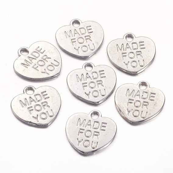 Tibetan Style Alloy Charms, Heart with Word MADE FOR YOU, Lead Free & Cadmium Free, 16x15x1mm, Hole: 2mm