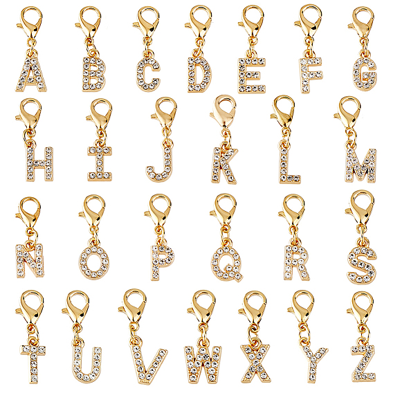 26Pcs Alloy Rhinestone Pendant Decorations, Letter, with Alloy Lobster Claw Clasps