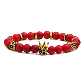 Handmade Red Pine Bracelet Set with Stone Crown Beads for Men and Women - DIY Support