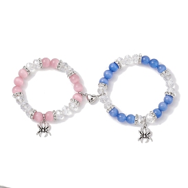Alloy Spider Charm Bracelet Set for Lover, with Alloy Magnetic Clasps and Cat Eye Beads