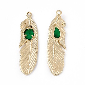 Brass Pendants, with Dark Green Glass, Feather
