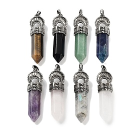 Natural Gemstone Pointed Big Pendants, Faceted Bullet Charms with Rack Plating Antique Silver Plated Alloy Horn