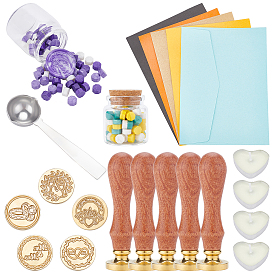 CRASPIRE DIY Wax Seal Stamp Kits, Including Brass Wax Seal Stamp, Wood Handle, Sealing Wax Particles, Paper Envelopes, Candles, 304 Stainless Steel Spoon