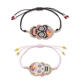 Handmade Japanese Seed Skull Link Bracelet, Braided Adjustable Bracelet for Women