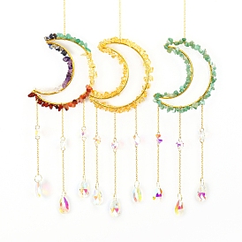 Glass & Brass Moon Pendant Decorations, Suncatchers, Rainbow Maker, with Chips Gemstone, for Home Decoration