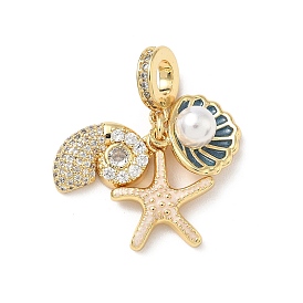 Латунь микропаве прозрачный кубический цирконий европейские подвески с подвесками, Подвески в форме ракушки из синей эмали, стальные, с большим отверстием, с имитацией жемчуга из АБС-пластика, без кадмия и без свинца, стойки покрытие