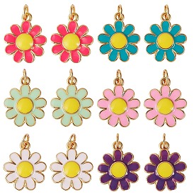 12Pcs 6 Colors Brass Enamel Charms, Real 18K Gold Plated, Long-Lasting Plated, Flower