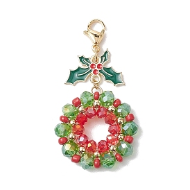 Christmas Wreath Glass Pendant Decorations, Lobster Claw Clasps Charms, for Bag Key Ornaments