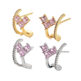 Rack Plating Heart Brass Stud Earrings, with Clear Cubic Zirconia, Cadmium Free & Lead Free, Long-Lasting Plated