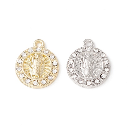 Alloy Micro Pave Cubic Zirconia Pendants, Flat Round with Virgin Mary
