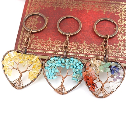 Natural & Synthetic Gemstone Pendant Keychains, with Brass Findings and Alloy Key Rings, Heart with Tree of Life