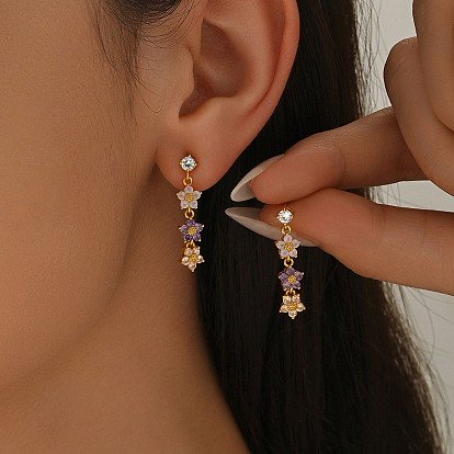 Серьги-гвоздики с подвесками в виде цветка из латуни, с кубического циркония