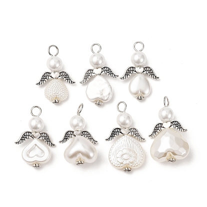 7 шт. 7 стили стеклянные жемчужные круглые бусины и бусины из АБС-пластика имитация жемчуга подвески, ангел, с крылом из сплава и железной петлей