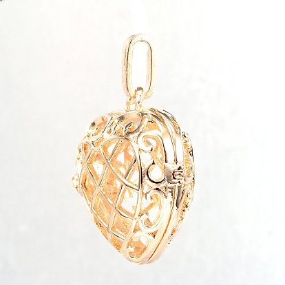 Eco-Friendly Rack Plating Brass Hollow Heart Cage Pendants, For Chime Ball Pendant Necklaces Making, Cadmium Free & Nickel Free & Lead Free, 31x32x16mm, Hole: 9x4mm