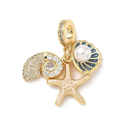 Латунь микропаве прозрачный кубический цирконий европейские подвески с подвесками, Подвески в форме ракушки из синей эмали, стальные, с большим отверстием, с имитацией жемчуга из АБС-пластика, без кадмия и без свинца, стойки покрытие