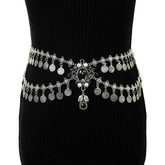 Сплав, стразы, пластиковый жемчуг, двухслойные цепочки с кисточками и монетами для талии и живота для танцовщицы