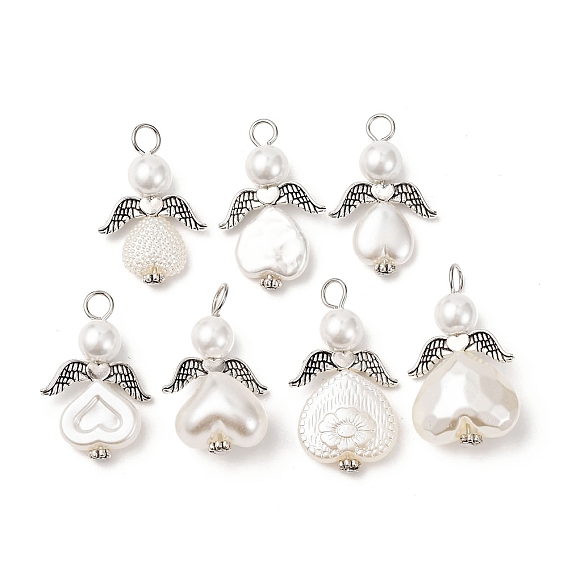 7 шт. 7 стили стеклянные жемчужные круглые бусины и бусины из АБС-пластика имитация жемчуга подвески, ангел, с крылом из сплава и железной петлей