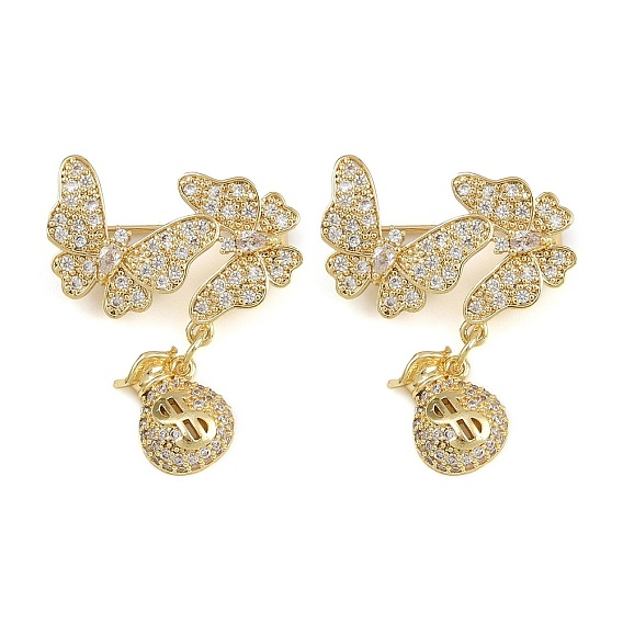 Значки на лацкан из латуни с микропаве из прозрачного кубического циркония, бабочка и знак доллара, долговечный, без кадмия и без свинца, стойки покрытие