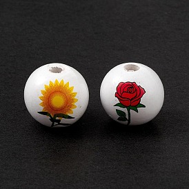 Printed Natural Wood European Beads, Large Hole Bead, Round with Flower Pattern