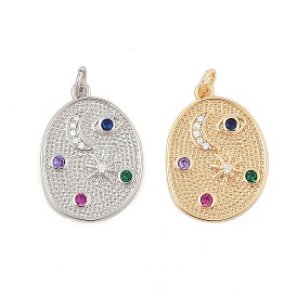 Brass Micro Pave Cubic Zirconia Pendants, with Jump Ring, Oval with Moon & Star Charms