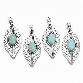 Tibetan Style Alloy Big Pendants, with Synthetic Turquoise, Cadmium Free & Lead Free, Leaf