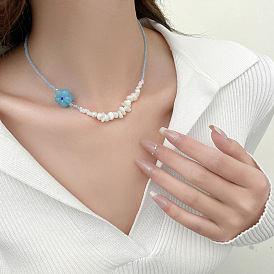 Sweet Summer Beach Shell Blue Flower & Imitation Pearl Beaded Necklaces for Women