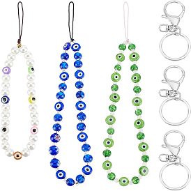 3 шт. 3 стиль стеклянный жемчуг и лэмпворк и стеклянные бусины мобильные ремни, с бусинами из смолы сглаза, нейлоновая нить и застежка из сплава для ключей