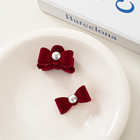 Burgundy Velvet Bow Hair Clip with Rhinestones, Sweet Retro Style for Chic Hairstyles