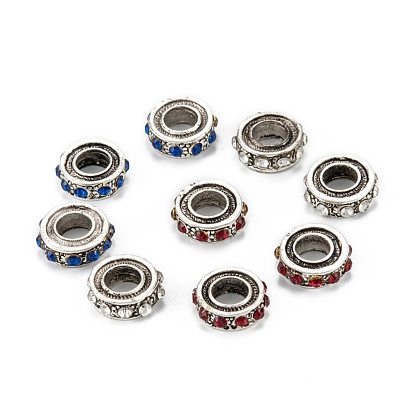 Alloy Rhinestone European Beads, Large Hole Beads, Antique Silver, Ring
