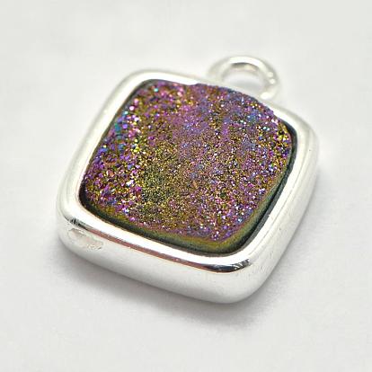 Electroplated Natural Druzy Agate Pendants, with Brass Findings, Mixed Shape, Platinum