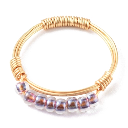 Adjustable Glass Seed Beads Finger Rings, with Real 18K Gold Plated Copper Wire