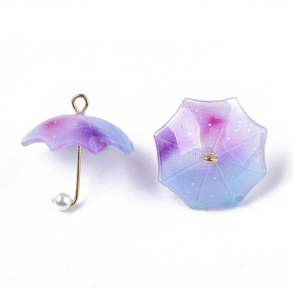 Acrylic Pendants, with Golden Plated Brass Loops and ABS Plastic Imitation Pearl, Umbrella