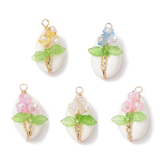 Подвески-цветы из натуральной ракушки каури, обмотанные медной проволокой, с акрилом и пластиком, золотые