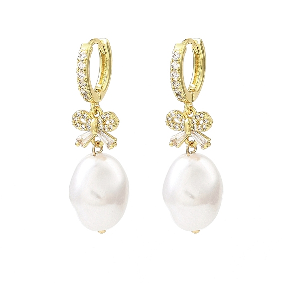 Серьги-кольца из латуни с микро-паве и бантиком из циркония, с пластиковыми жемчужные бусины, долговечный, без свинца и без кадмия