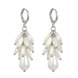 Dyed Natural Shell & Shell Pearl Teardrop Dangle Leverback Earrings, Brass Cluster Earrings for Women