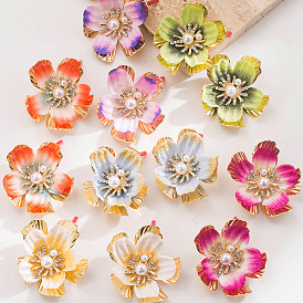 Aretes de diamantes de imitación de aleación, flor, con perlas de plástico, dorado