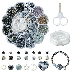 DIY Beaded Stretch Bracelet with Alloy Moon Charms Making Kits, with Scissors